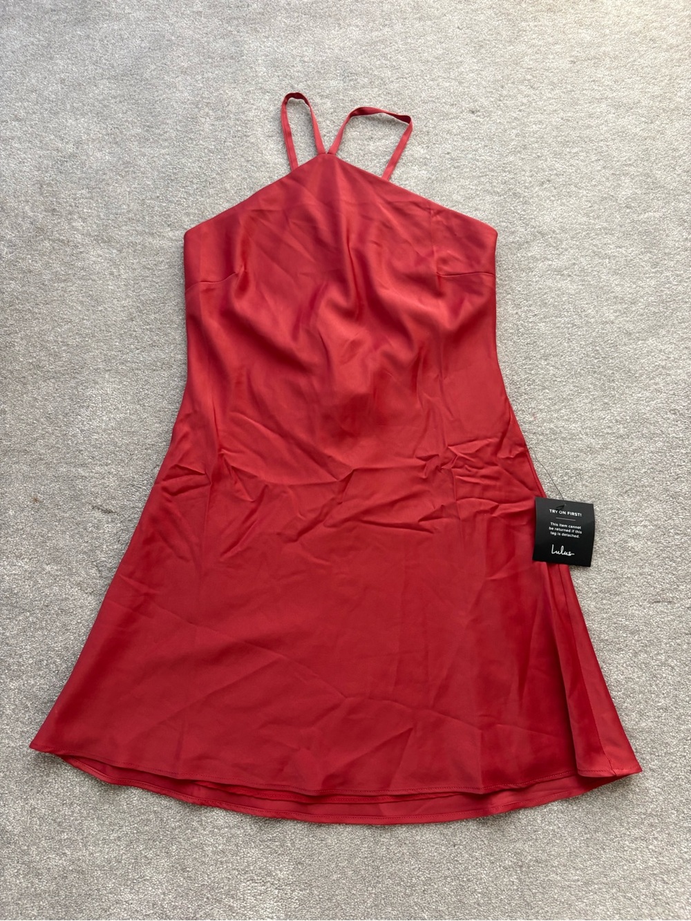 Lulu's rosey pinkish Red Satin Mini halter Dress